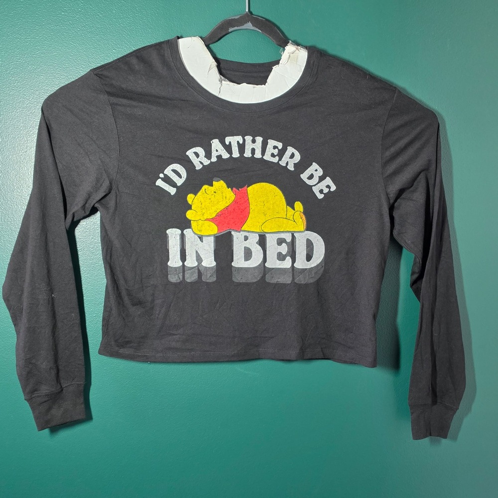 Disney Winnie the Pooh I'd Rather Be In Bed Long Sleeve Crop Top Black XL